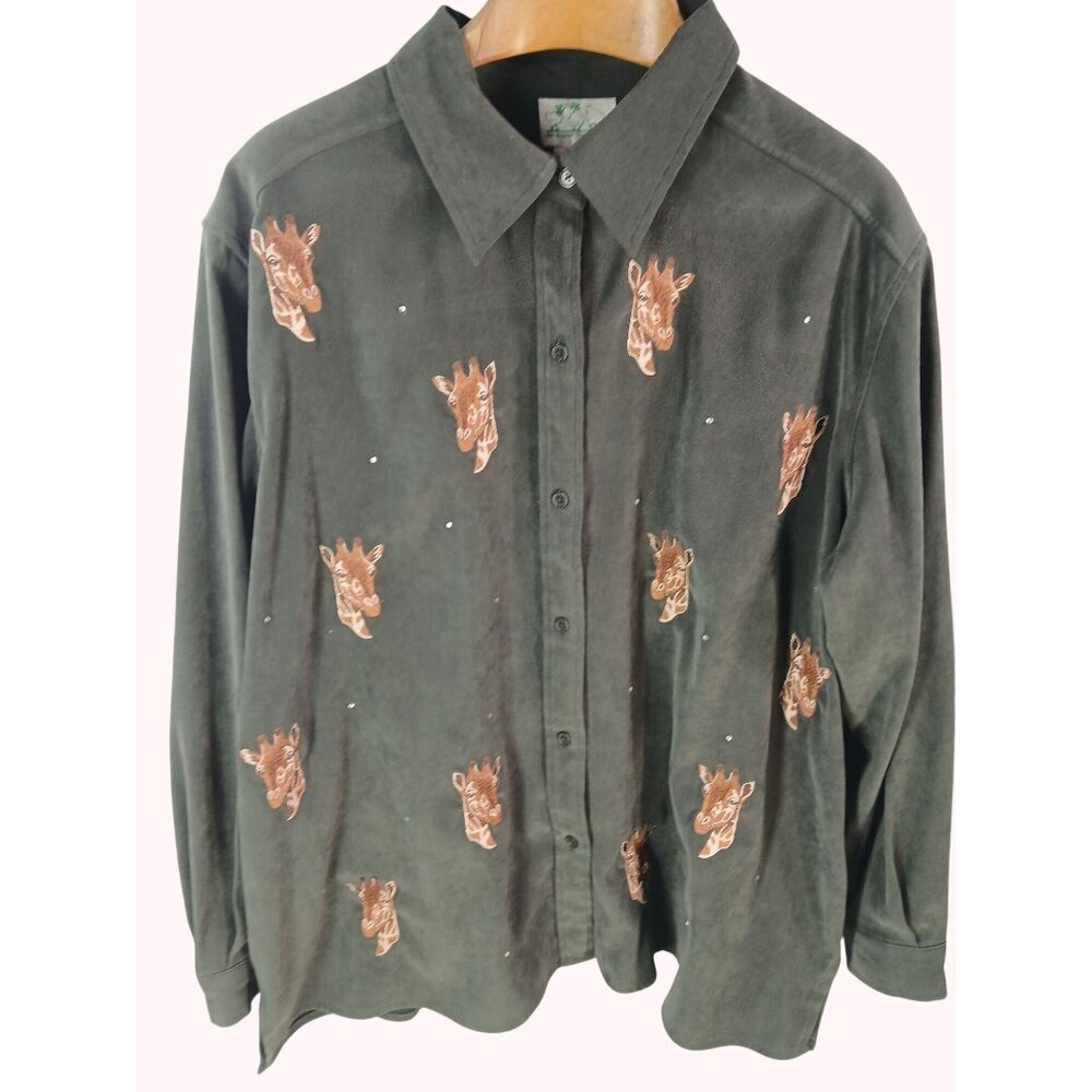 Vintage 90s Quacker Factory Giraffe Embroidered Button Up Shirt Size 2X Shacket
